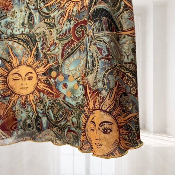 Shein Celestial Sun Print Mini Dress M | Y2K Boho Fairy Grunge Ruffle Hem - Picture 4 of 11